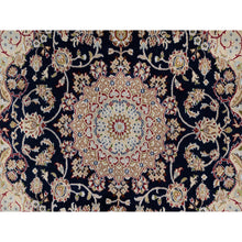 Load image into Gallery viewer, 5&#39;x5&#39; Midnight Blue, Wool and Silk, Hand Knotted, Nain with Center Medallion Flower Design, 250 KPSI, Square, Oriental Rug FWR546324