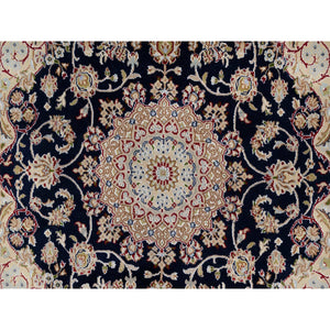 5'x5' Midnight Blue, Wool and Silk, Hand Knotted, Nain with Center Medallion Flower Design, 250 KPSI, Square, Oriental Rug FWR546324