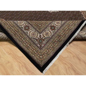 11'8"x15'2" Rich Black, Hand Knotted, Tabriz Mahi with Fish Medallion Design, 175 KPSI, Organic Wool, Oversized, Oriental Rug FWR546336