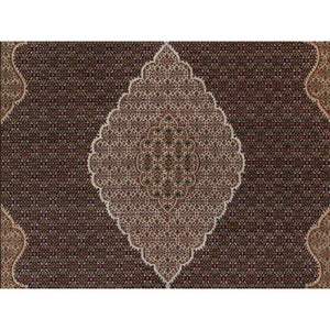 11'8"x15'2" Rich Black, Hand Knotted, Tabriz Mahi with Fish Medallion Design, 175 KPSI, Organic Wool, Oversized, Oriental Rug FWR546336
