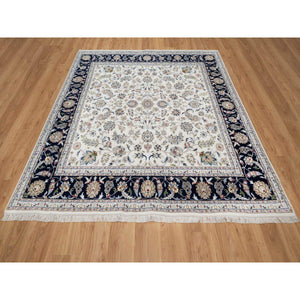 7'9"x7'9" Rice White, Nain with All Over Flower Design, Soft Pile, 250 KPSI, Wool and Silk, Hand Knotted, Square, Oriental Rug FWR546348