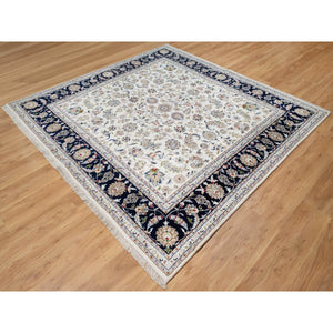 7'9"x7'9" Rice White, Nain with All Over Flower Design, Soft Pile, 250 KPSI, Wool and Silk, Hand Knotted, Square, Oriental Rug FWR546348