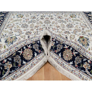 7'9"x7'9" Rice White, Nain with All Over Flower Design, Soft Pile, 250 KPSI, Wool and Silk, Hand Knotted, Square, Oriental Rug FWR546348