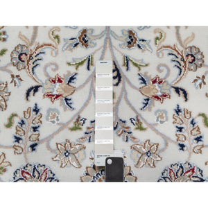 7'9"x7'9" Rice White, Nain with All Over Flower Design, Soft Pile, 250 KPSI, Wool and Silk, Hand Knotted, Square, Oriental Rug FWR546348