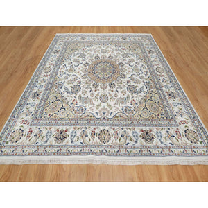10'2"x10'2" Snow White, 250 KPSI, Hand Knotted, Nain with Flower Medallion Design, Wool and Silk, Square, Oriental Rug FWR546354