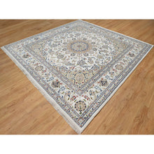 Load image into Gallery viewer, 10&#39;2&quot;x10&#39;2&quot; Snow White, 250 KPSI, Hand Knotted, Nain with Flower Medallion Design, Wool and Silk, Square, Oriental Rug FWR546354