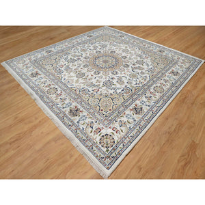 10'2"x10'2" Snow White, 250 KPSI, Hand Knotted, Nain with Flower Medallion Design, Wool and Silk, Square, Oriental Rug FWR546354