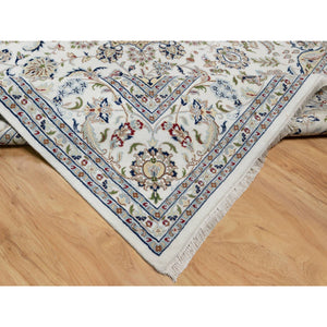 10'2"x10'2" Snow White, 250 KPSI, Hand Knotted, Nain with Flower Medallion Design, Wool and Silk, Square, Oriental Rug FWR546354