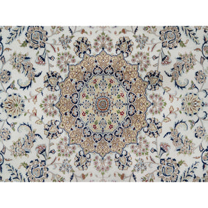 10'2"x10'2" Snow White, 250 KPSI, Hand Knotted, Nain with Flower Medallion Design, Wool and Silk, Square, Oriental Rug FWR546354