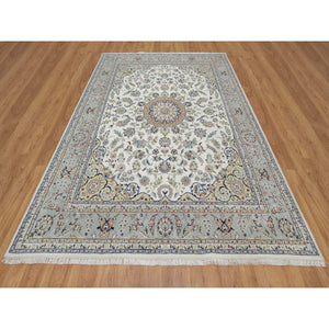 7'8"x10'2" Daisy White, Nain With Center Medallion Design, Hand Knotted, 250 Kpsi, Wool And Silk, Oriental Rug FWR546444