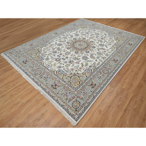 7'8"x10'2" Daisy White, Nain With Center Medallion Design, Hand Knotted, 250 Kpsi, Wool And Silk, Oriental Rug FWR546444