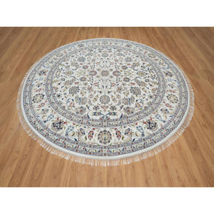 9'8"x9'8" Alabaster White, Nain with All Over Floral Design, Wool and Silk, Hand Knotted, 250 KPSI, Round, Oriental Rug FWR546450