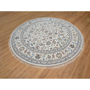 9'8"x9'8" Alabaster White, Nain with All Over Floral Design, Wool and Silk, Hand Knotted, 250 KPSI, Round, Oriental Rug FWR546450