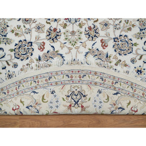 9'8"x9'8" Alabaster White, Nain with All Over Floral Design, Wool and Silk, Hand Knotted, 250 KPSI, Round, Oriental Rug FWR546450