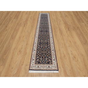 2'6"x13'3" Midnight Blue, Nain With All Over Flower Design, Wool And Silk, 250 Kpsi, Hand Knotted, Runner, Oriental Rug FWR546456