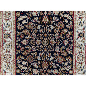 2'6"x13'3" Midnight Blue, Nain With All Over Flower Design, Wool And Silk, 250 Kpsi, Hand Knotted, Runner, Oriental Rug FWR546456