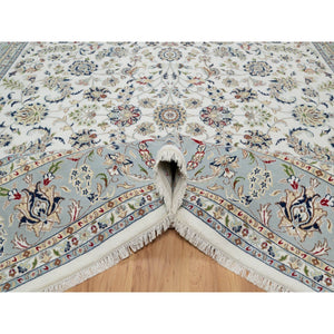 10'2"x10'2" Alabaster White, 250 KPSI, Nain with All Over Flower Design, Wool and Silk, Hand Knotted, Square, Oriental Rug FWR546474