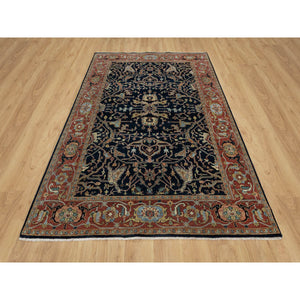 6'2"x9'2" Polo Blue, All Over Vines Design, Lush And Plush, Organic Wool, Densely Woven, Antiqued Fine Heriz, Re-creation, Hand Knotted Oriental Rug FWR546516