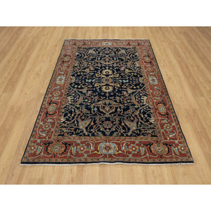 5'1"x7'2" Midnight Blue, Antiqued Fine Heriz, Re-Creation, All Over Vines Design, Soft Pile, Pure Wool, Densely Woven, Hand Knotted Oriental Rug FWR546522