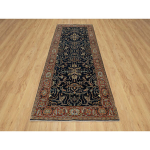 4'2"x10'2" Oxford Blue, Antiqued Fine Heriz Re-Creation With All Over Vines Design, Hand Knotted, Denser Weave, Vegetable Dyes, Natural Wool, Runner, Oriental Rug FWR546528