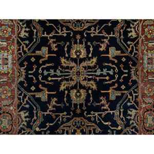 4'2"x10'2" Oxford Blue, Antiqued Fine Heriz Re-Creation With All Over Vines Design, Hand Knotted, Denser Weave, Vegetable Dyes, Natural Wool, Runner, Oriental Rug FWR546528