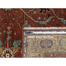 Load image into Gallery viewer, 4&#39;2&quot;x12&#39;1&quot; Berry Red, Densely Woven, Hand Knotted, Antiqued Fine Heriz Re-creation, All Over Pattern, Organic Wool, Natural Dyes, Soft Pile, Wide Runner, Oriental Rug FWR546540