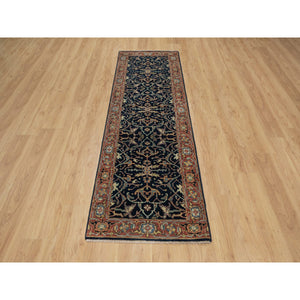 2'6"x8'1" Polo Blue, All Over Vines Design, Lush And Plush, Organic Wool, Densely Woven, Antiqued Fine Heriz, Re-creation, Hand Knotted, Runner, Oriental Rug FWR546552