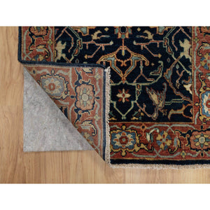 2'6"x8'1" Polo Blue, All Over Vines Design, Lush And Plush, Organic Wool, Densely Woven, Antiqued Fine Heriz, Re-creation, Hand Knotted, Runner, Oriental Rug FWR546552