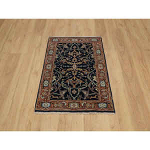 2'x3'2" Caviar Blue, Natural Dyes, All Wool, Antiqued Fine Heriz Re-creation, Hand Knotted, All Over Vines Design, Denser Weave, Mat, Oriental Rug FWR546564