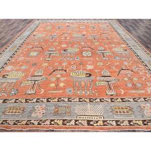 12'1"x14'6" Burnt Orange, Classic Khotan And Samarkand Design With Alien Figurines, Hand Knotted, 100% Wool, Soft Pile, Densely Woven, Oversized, Oriental Rug FWR5460