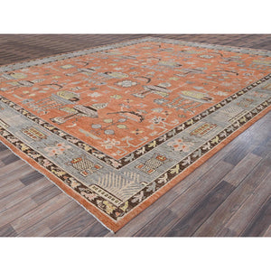 12'1"x14'6" Burnt Orange, Classic Khotan And Samarkand Design With Alien Figurines, Hand Knotted, 100% Wool, Soft Pile, Densely Woven, Oversized, Oriental Rug FWR5460