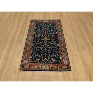 3'1"x5'2" Midnight Blue, All Over Vines Design, Lush and Plush, Organic Wool, Densely Woven, Antiqued Fine Heriz, Re-Creation, Hand Knotted Oriental Rug FWR546606