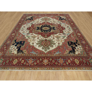 12'3"x12'3" Pearl White With Red, Antiqued Fine Heriz Re-creation With Medallion Design, Denser Weave, Hand Spun New Zealand Wool, Hand Knotted, Square, Oriental Rug FWR546642