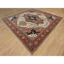 Load image into Gallery viewer, 12&#39;3&quot;x12&#39;3&quot; Pearl White with Red, Antiqued Fine Heriz Re-Creation with Medallion Design, Denser Weave, Hand Spun New Zealand Wool, Hand Knotted, Square, Oriental Rug FWR546642