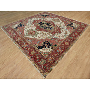 12'3"x12'3" Pearl White with Red, Antiqued Fine Heriz Re-Creation with Medallion Design, Denser Weave, Hand Spun New Zealand Wool, Hand Knotted, Square, Oriental Rug FWR546642