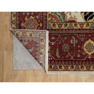 12'3"x12'3" Pearl White with Red, Antiqued Fine Heriz Re-Creation with Medallion Design, Denser Weave, Hand Spun New Zealand Wool, Hand Knotted, Square, Oriental Rug FWR546642