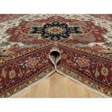 Load image into Gallery viewer, 12&#39;3&quot;x12&#39;3&quot; Pearl White with Red, Antiqued Fine Heriz Re-Creation with Medallion Design, Denser Weave, Hand Spun New Zealand Wool, Hand Knotted, Square, Oriental Rug FWR546642
