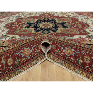 12'3"x12'3" Pearl White with Red, Antiqued Fine Heriz Re-Creation with Medallion Design, Denser Weave, Hand Spun New Zealand Wool, Hand Knotted, Square, Oriental Rug FWR546642