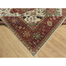Load image into Gallery viewer, 12&#39;3&quot;x12&#39;3&quot; Pearl White with Red, Antiqued Fine Heriz Re-Creation with Medallion Design, Denser Weave, Hand Spun New Zealand Wool, Hand Knotted, Square, Oriental Rug FWR546642