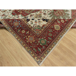 12'3"x12'3" Pearl White with Red, Antiqued Fine Heriz Re-Creation with Medallion Design, Denser Weave, Hand Spun New Zealand Wool, Hand Knotted, Square, Oriental Rug FWR546642