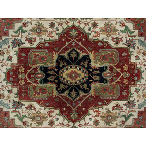 12'3"x12'3" Pearl White with Red, Antiqued Fine Heriz Re-Creation with Medallion Design, Denser Weave, Hand Spun New Zealand Wool, Hand Knotted, Square, Oriental Rug FWR546642