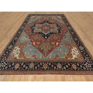 11'9"x15'4" Scarlet Red, Antiqued Fine Heriz Re-creation With Large Medallion Design, Denser Weave, Hand Knotted, Natural Dyes, Hand Spun New Zealand Wool, Oriental, Oversized Rug FWR546654