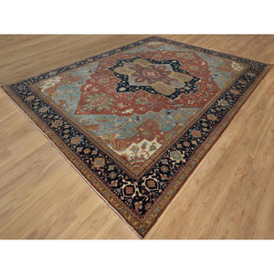 11'9"x15'4" Scarlet Red, Antiqued Fine Heriz Re-creation With Large Medallion Design, Denser Weave, Hand Knotted, Natural Dyes, Hand Spun New Zealand Wool, Oriental, Oversized Rug FWR546654
