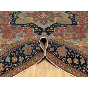 11'9"x15'4" Scarlet Red, Antiqued Fine Heriz Re-creation With Large Medallion Design, Denser Weave, Hand Knotted, Natural Dyes, Hand Spun New Zealand Wool, Oriental, Oversized Rug FWR546654