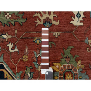 11'9"x15'4" Scarlet Red, Antiqued Fine Heriz Re-creation With Large Medallion Design, Denser Weave, Hand Knotted, Natural Dyes, Hand Spun New Zealand Wool, Oriental, Oversized Rug FWR546654