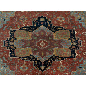 11'9"x15'4" Scarlet Red, Antiqued Fine Heriz Re-creation With Large Medallion Design, Denser Weave, Hand Knotted, Natural Dyes, Hand Spun New Zealand Wool, Oriental, Oversized Rug FWR546654