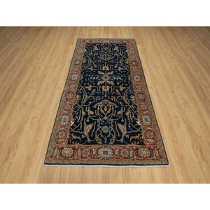 4'2"x8'1" Polo Blue, All Over Vines Design, Lush And Plush, Organic Wool, Densely Woven, Antiqued Fine Heriz, Re-creation, Hand Knotted, Wide Runner, Oriental Rug FWR546660