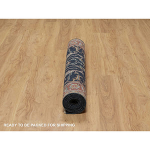 4'2"x8'1" Polo Blue, All Over Vines Design, Lush And Plush, Organic Wool, Densely Woven, Antiqued Fine Heriz, Re-creation, Hand Knotted, Wide Runner, Oriental Rug FWR546660