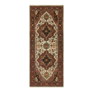 2'7"x6'2" Chiffon White with Red, Hand Spun New Zealand Wool, Antiqued Fine Heriz Re-Creation with Medallion Design, Denser Weave, Hand Knotted, Runner, Oriental Rug FWR546666
