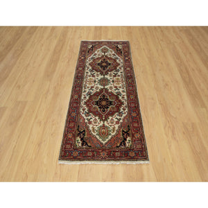 2'7"x6'2" Chiffon White with Red, Hand Spun New Zealand Wool, Antiqued Fine Heriz Re-Creation with Medallion Design, Denser Weave, Hand Knotted, Runner, Oriental Rug FWR546666